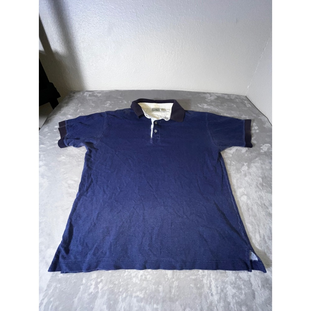 LL Bean Mens Medium Navy Blue Cotton Pique Short Sleeve Polo Shirt Regular